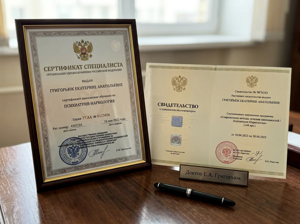 Сертификат специалиста врача психиатра-нарколога с печатью медицинского университета, свидетельство о повышении квалификации
