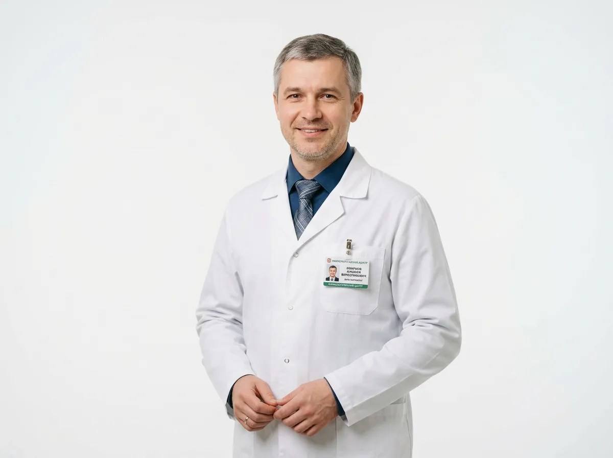 Портрет врача-нарколога Смирнова Алексея Вячеславовича, мужчина 45 лет, медицинский халат, профессиональный деловой вид, белый фон